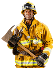 Fireman in full gear holding an axe.