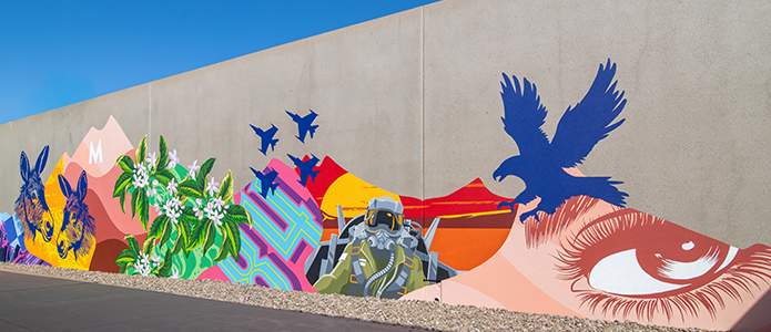 The A/R a mural on the exterior, south-facing wall of the Conference and Recreation Center (CRC). 