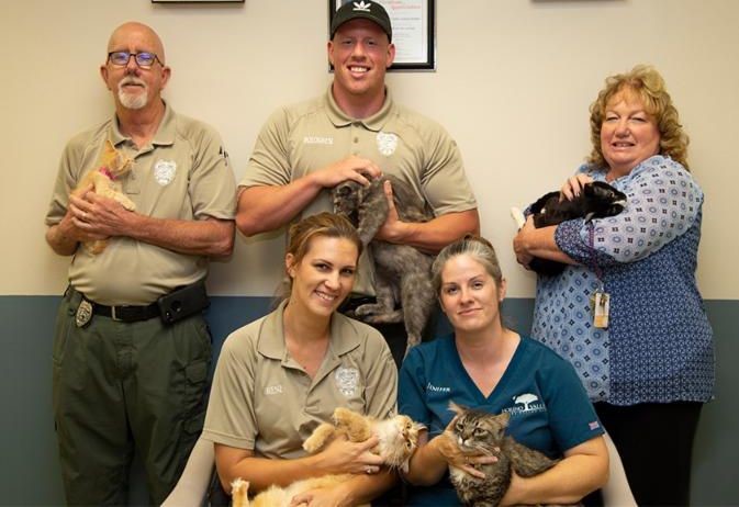 Animal Shelter employees with adoptable cats and kittens.