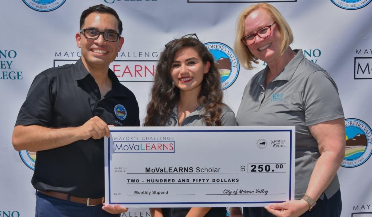 Mayor Gutierrez, a MoVal Learns recipient, and Moreno Valley College President Dr. Robin Steinback